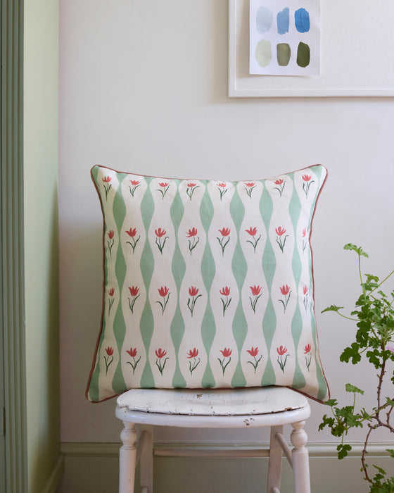 Tulip Wave linen cushion, pistachio