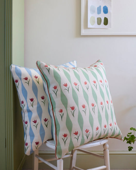 Tulip Wave linen cushion, sky
