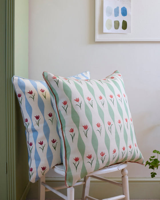 Tulip Wave (sky) linen cushion, piped | 55cm