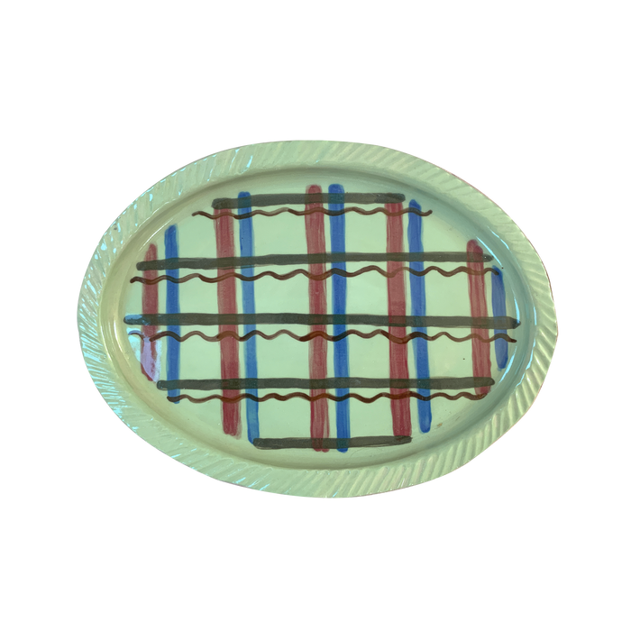 Pottery platter, tartan (pistachio ground)